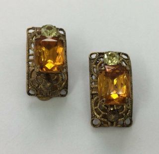 Rare Art Deco Yellow Topaz Czech Glass Gold Tone Filigree Clip On Earrings