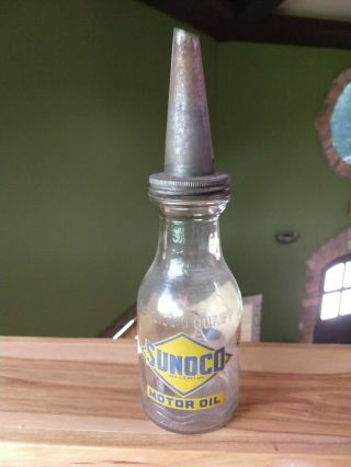 Vintage Sunoco Sae 40 Motor Oil Bottle One Quart Sun Oil Co Station Can