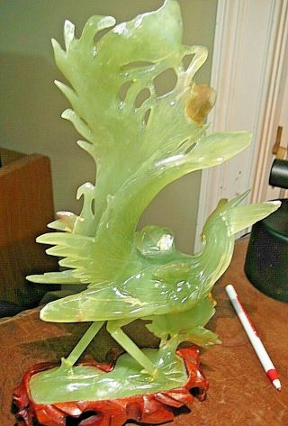 LARGE VINTAGE GREEN JADE BIRD & FLOWER HAND CARVED 12 