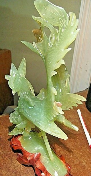 LARGE VINTAGE GREEN JADE BIRD & FLOWER HAND CARVED 12 