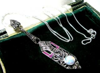 Vintage Style Art Deco Sterling Silver Gilson Opal & Marcasite Pendant Necklace