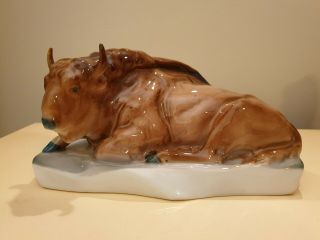 Zsolnay Pecs Figurine Bison Bull Laying Down Vintage Hand Painted Hungary