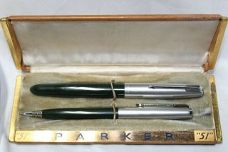 Vintage Parker " 51 " Fountain Pen And Mechanical Pencil Set Green And Silver