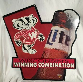 Wi Badgers Football Miller Lite Beer Sign - 28 " X 30 " For Bar Or Man Cave