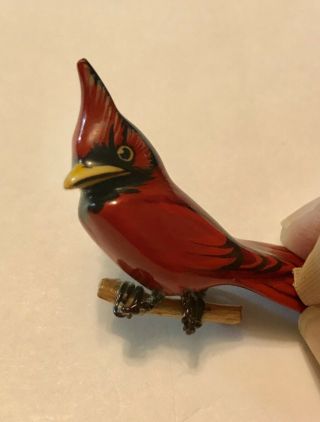 Vtg Takahashi / Hand Painted Wood Carved Cardinal Bird Pin Brooch Red.  2 1/8” L