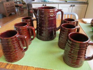 Vintage Marcrest Stoneware Brown Daisy & Dot Pitcher Set W 6 Mugs