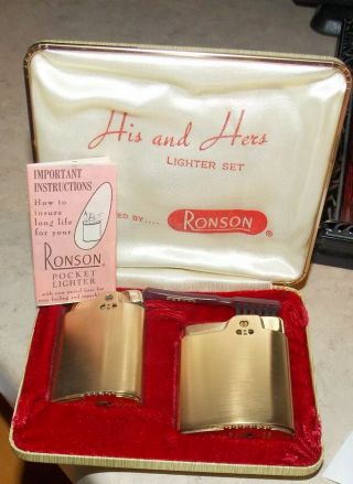 Vintage Ronson Capri His & Hers Pocket Lighter Set Goldtone Metal