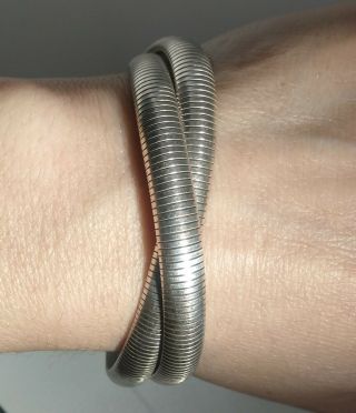 7 " Art Deco.  999 Fine Silver Interlocking Double Snake Chain Bracelet Signed