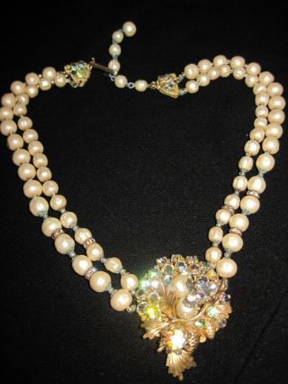 Haskell ? Vintage Pearl Choker Necklace,  2 - Strand Aurora Borealis Rhinestones