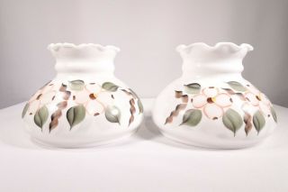 Vintage Pair " Milky White Glass Lamp Shade With Flowers " / 5 3/4 " H / Pre - Owned