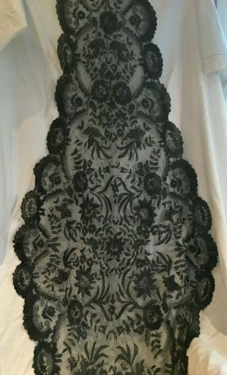 Vintage Spanish Black Lace Veil Mantilla Shawl Scarf 65 " Long