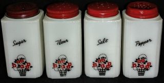 Vintage Tipp City Usa Milk Glass Range Shakers Set Red Flowers