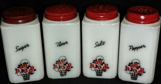 Vintage Tipp City USA Milk Glass Range Shakers Set Red Flowers 6