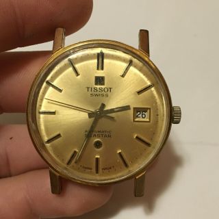 Vintage Tissot Swiss Automatic Seastar Calendar Thick Watch Gold Dial
