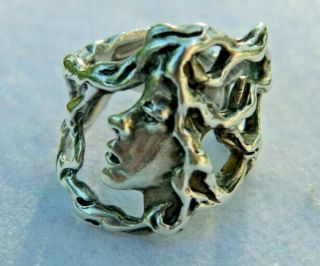 Sterling Silver Vintage Antique Art Nouveau Woman Lady Face Ring - Size 5.  5