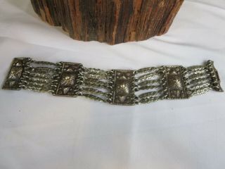 Antique Vintage Mexico Sterling Silver Aztec Motif 4 Panel & 6 Rows Bar Bracelet