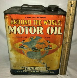 Antique Around The World Motor Oil 2gal Tin Litho Can Vintage Car Gas Station