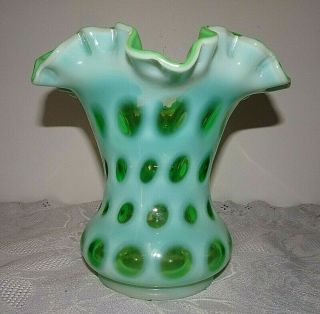 Rare Fenton Green Coin Dot Spot Opalescent Ruffled Vase Art Glass 6 " - Vintage