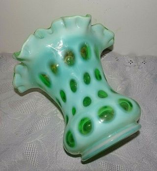 RARE FENTON GREEN COIN DOT SPOT OPALESCENT RUFFLED VASE ART GLASS 6 