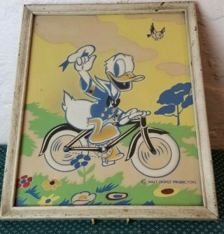 Vintage Walt Disney Productions Donald Duck Riding Bike Framed Picture