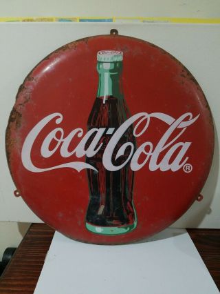 Vintage 15 " Round Coca Cola Coke Bottle Metal Advertising Button Sign