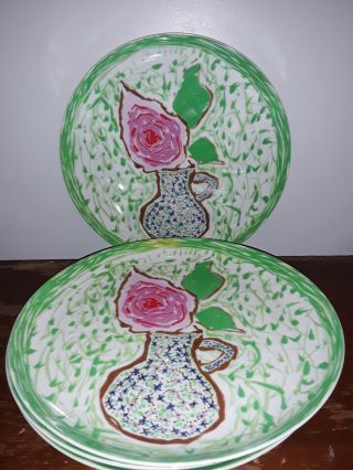 Taste Seller Sigma Japan Dinner Plates Set Of 4 Pink Rose Green Vintage 1975