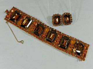 Massive Vtg Huge Topaz Baguette & Golden Topaz Rhinestone Bracelet Earrings