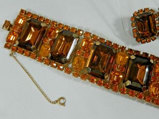 MASSIVE VTG HUGE TOPAZ BAGUETTE & GOLDEN TOPAZ RHINESTONE BRACELET EARRINGS 3