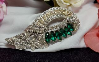 Vintage Estate Silver Art Deco Emerald Green Rhinestone Designer Brooch Pin