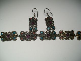 Vintage Sterling 925 Mexico Turquoise,  Coral,  & Amethyst Bracelet & Earrings Set