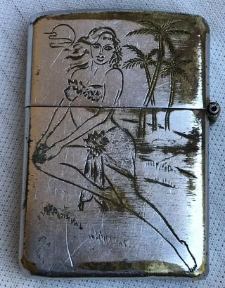 Vintage 1947 Zippo 3 Barrel Hinge Lighter With Tropical Island Etchings