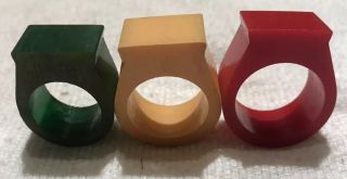 Set Of 3 Vintage Bakelite Rings Red,  Green And Butterscotch