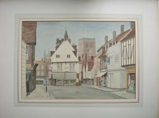 Old Vintage Watercolour Painting St Albans Herts Street Scene By Reginald Riley