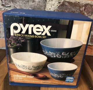 Vintage Pyrex 3 Pc Mixing Bowl Set Blue Colonial Mist Nos