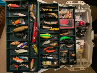 Vintage Plano Fishing Lure Tackle Box Full With Lures Reel & More