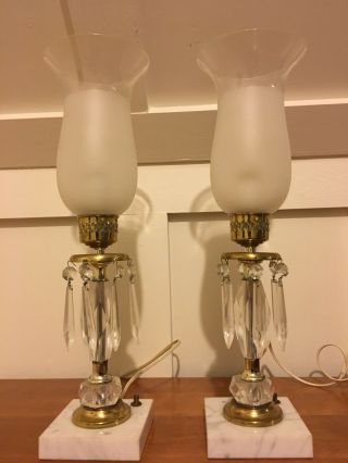 Marble Base Lamp Set Antique Vtg Crystal Boudoir Night Stand Table Crystal