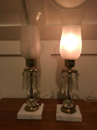 Marble Base Lamp set antique vtg crystal boudoir night stand table crystal 2