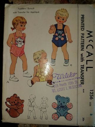 Vintage Toddler Size 3 Sewing Pattern 1960s Mccalls 1256 Sunsuit W/ Transfers