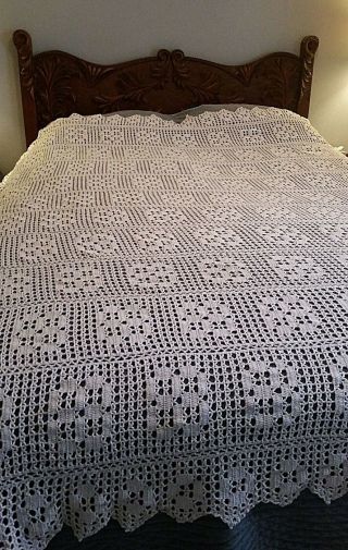 Vintage Crochet White Bedspread Coverlet 86 " X 74 " Boho Lace Chic