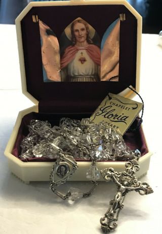 Vtg Rare Rosary Gloria Rock Crystal Cross Sterling Art Deco Lucite Box Booklet