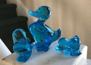 3 Vintage Fostoria Blue Glass Duck Family