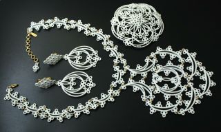 Vintage Signed Monet Enameled Necklace,  Brooch,  Dangle Earrings Set - Stunning