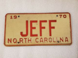 Vintage 1970 North Carolina Vanity License Plate Tag Jeff