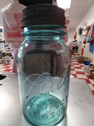 Vintage Ball Blue Glass Perfect Mason 1923 - 1933 Era 13 Pint Jar With Zinc Lid