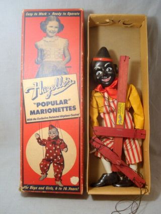 Scarce Vtg Hazelles Minstrel Mike Black Americana Marionette String Puppet & Box