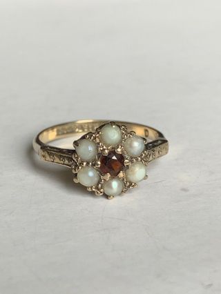 Vintage 9ct Gold Garnet And Pearl Cluster Ring