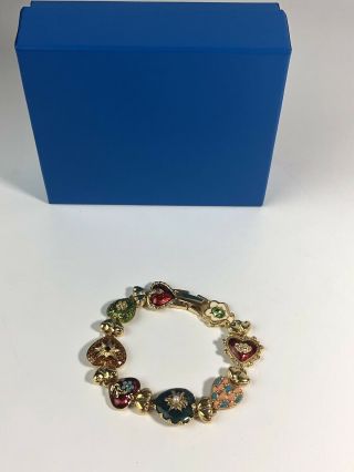 Vintage Joan Rivers Hearts And Flowers Enamel Gold - Tone Link Bracelet 7.  5 "
