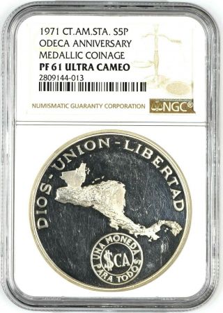 Central American 5 Pesos 1971 Ngc Pf - 61 20th Anniversary Of Odeca Rare