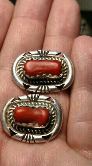 Vintage Navajo Jon Mccray Sterling Silver Coral Earrings