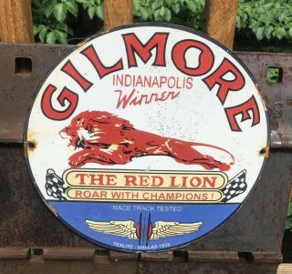 Vintage Gilmore Gasoline Porcelain Red Lion Auto Service Station Pump Plate Sign